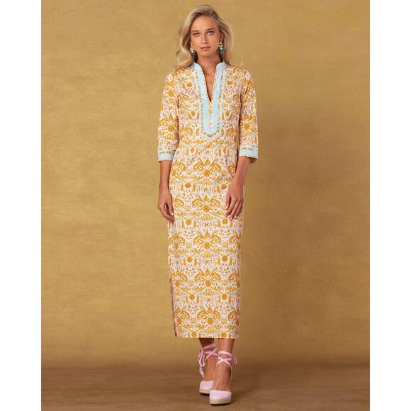 Nicoblu Capri Long Tunic Midi Dress In French Regency Ribbon Print - 4 - Yellow - Picture 1 of 7